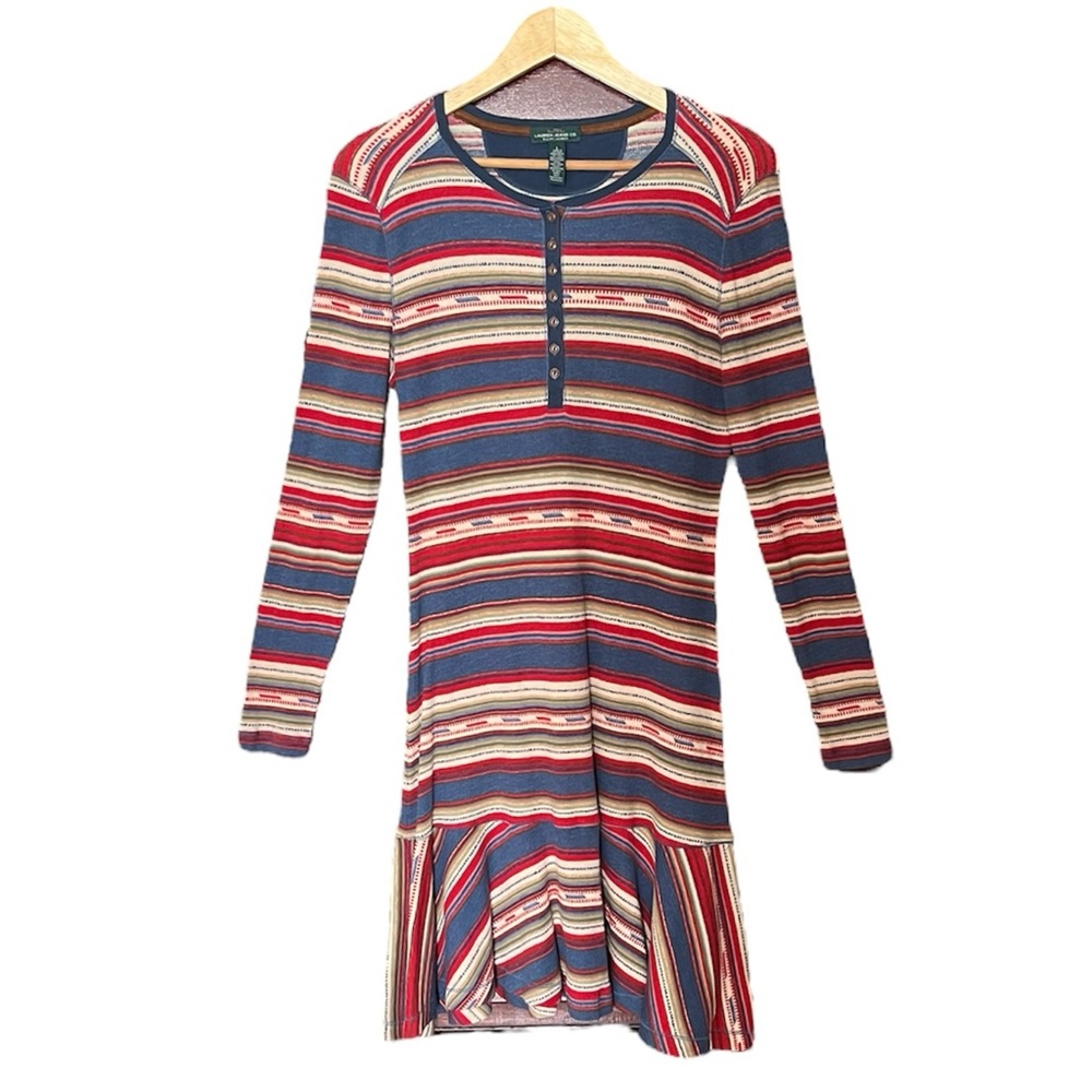 LRL Lauren Jeans Co. Red Blue Aztec Waffle Knit Drop Waist Long Sleeve Dress L